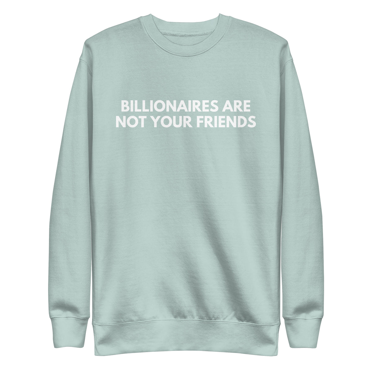 Agave sweatshirt with white Billionaires Are Not Your Friends lettering, front view.