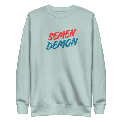 Agave sweatshirt, front view with red and blue Semen Demon lettering.
