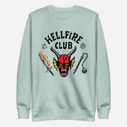 Agave sweatshirt with Hellfire Club lettering and a red horned-face graphic, front view.