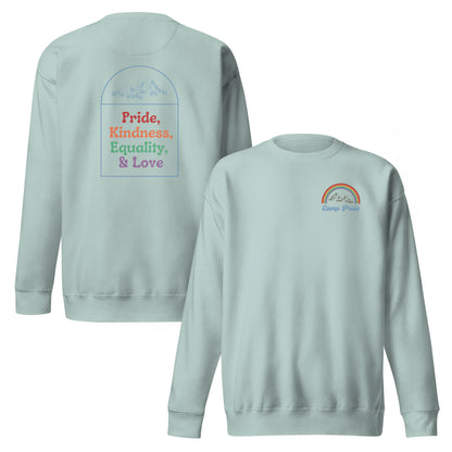 Agave sweatshirt, front and back views, with a small chest rainbow and 'Pride, Kindness, Equality, & Love' text on the back.