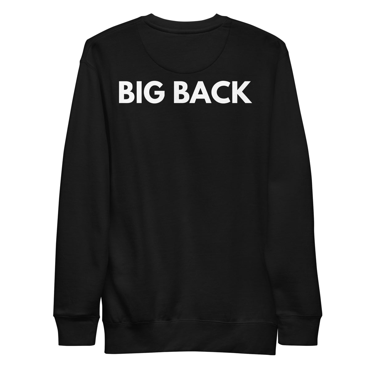 Black sweatshirt, back view with white "BIG BACK" lettering on the back.