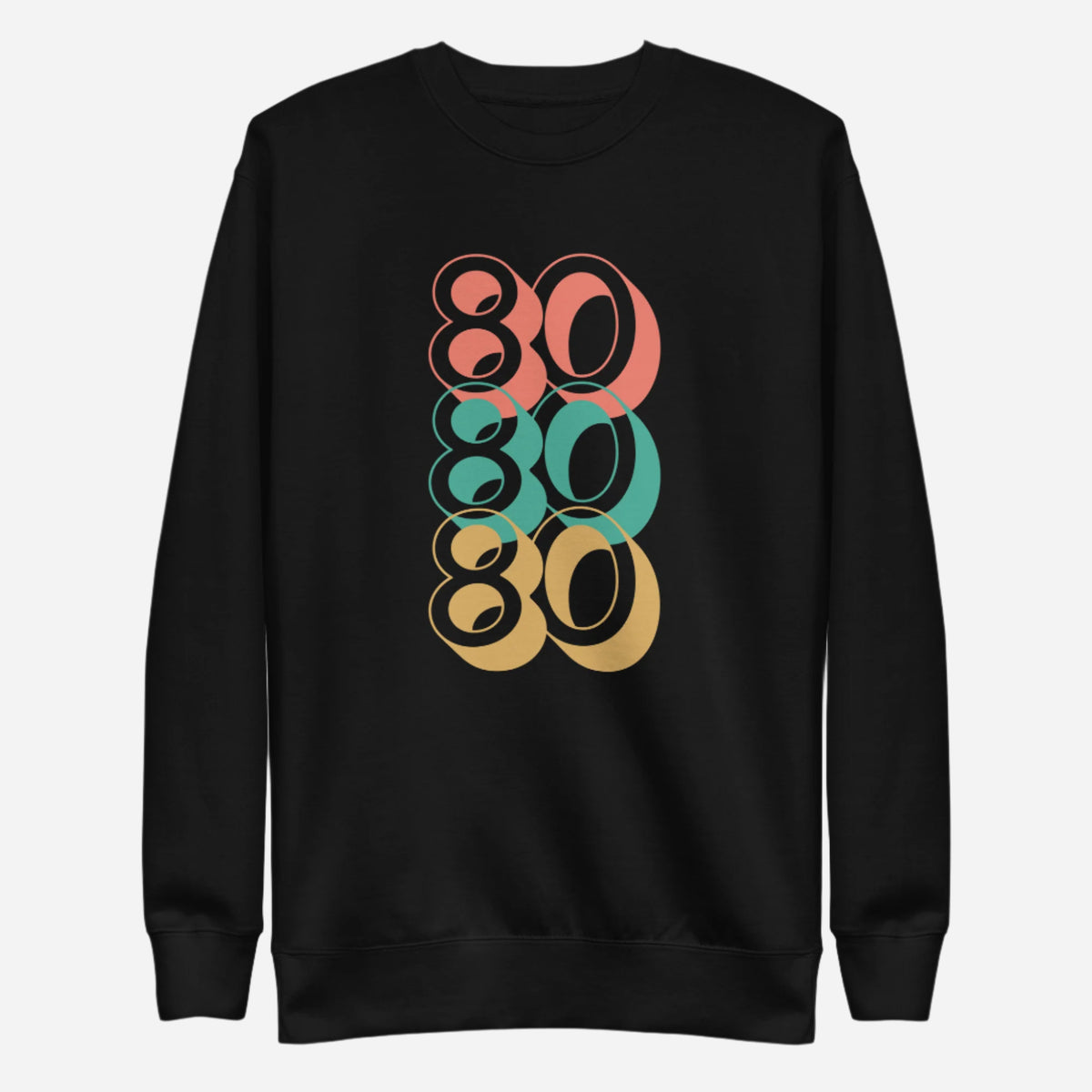 Black sweatshirt, front view with stacked red, green and yellow "80" numerals.
