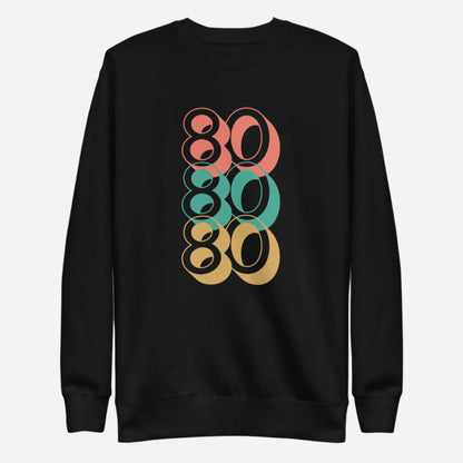 Black sweatshirt, front view with stacked red, green and yellow "80" numerals.