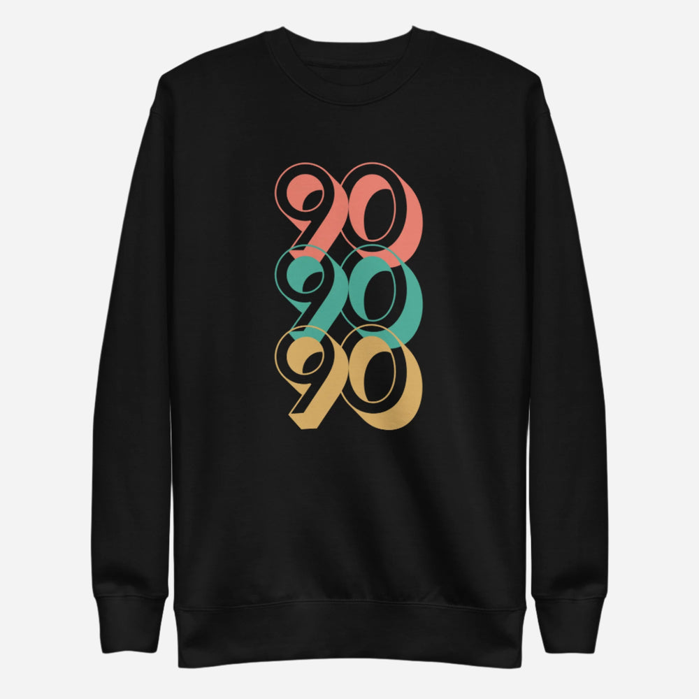 Black sweatshirt, front view, with three stacked '90' graphics in red, green and yellow.