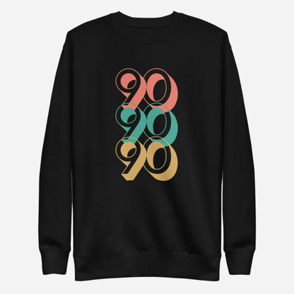 Black sweatshirt, front view, with three stacked '90' graphics in red, green and yellow.