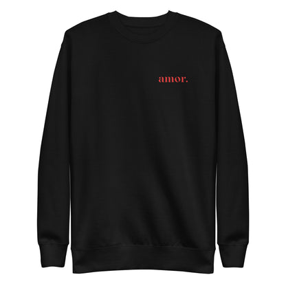 Black sweatshirt, front view with small red "amor." chest lettering.