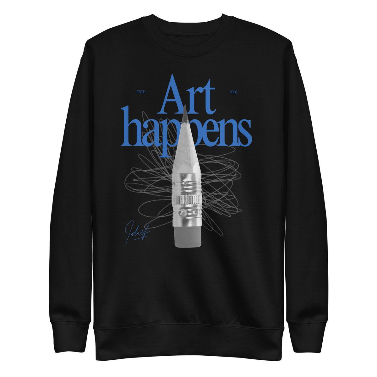 Black sweatshirt, front view, with blue 'Art Happens' lettering, a pencil and scribbled lines.