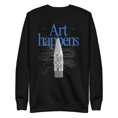 Black sweatshirt, front view, with blue 'Art Happens' lettering, a pencil and scribbled lines.