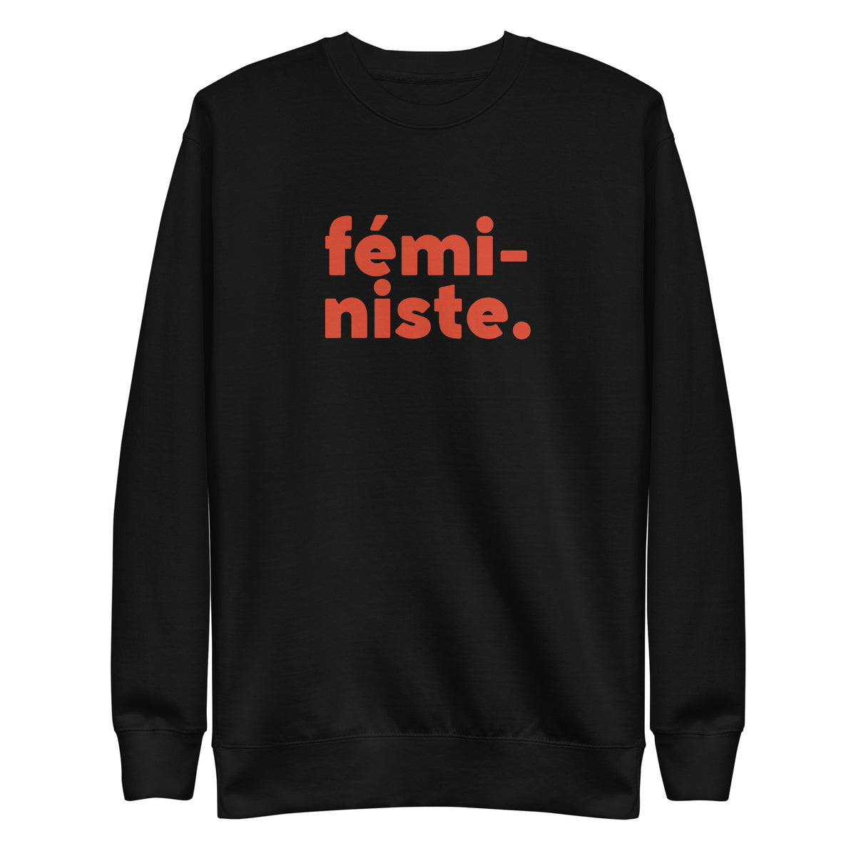 Black sweatshirt with red fémi-niste lettering, front view.