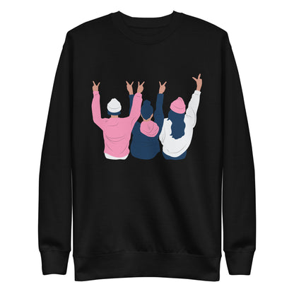 Black sweatshirt with three illustrated people raising peace signs, front view.