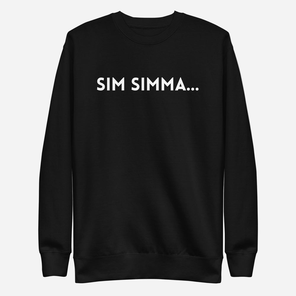 Black sweatshirt with white Sim Simma lettering, front view.