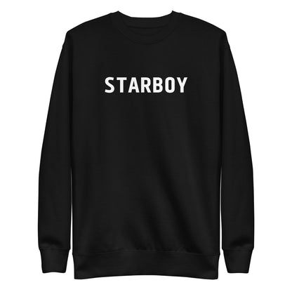 Black sweatshirt with white Starboy lettering, front view.