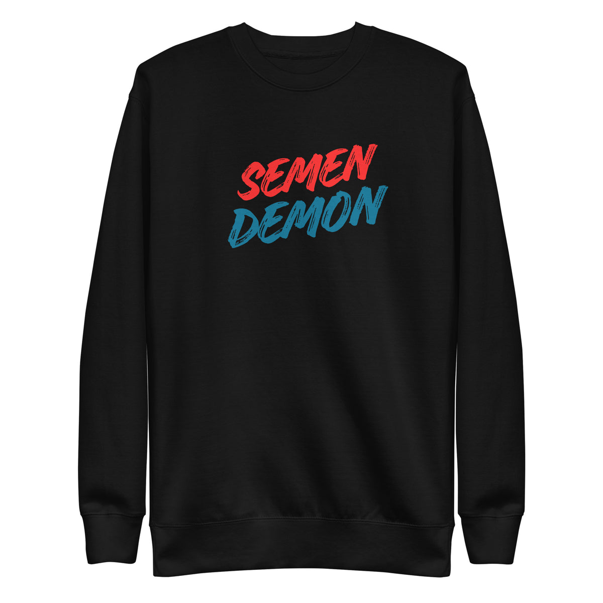 Black sweatshirt, front view with red and blue Semen Demon lettering.