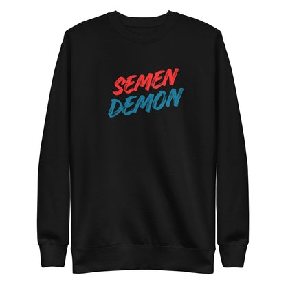 Black sweatshirt, front view with red and blue Semen Demon lettering.