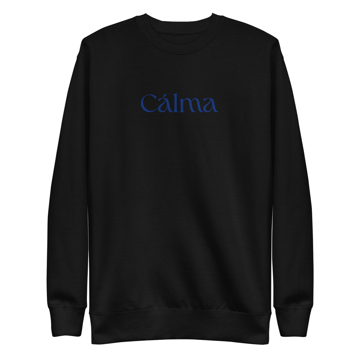 Black sweatshirt, front view with blue Calma lettering.