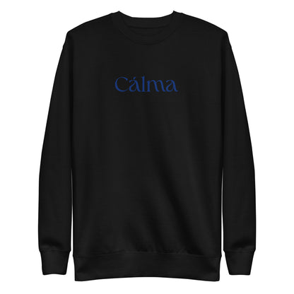 Black sweatshirt, front view with blue Calma lettering.