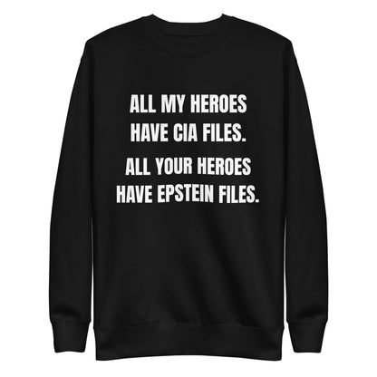Black sweatshirt, front view, with stacked white slogan text about CIA and Epstein files.