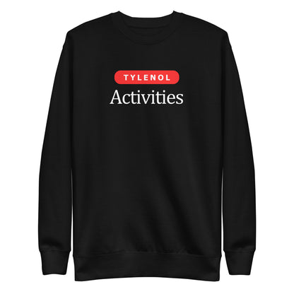 Black sweatshirt, front view with white Tylenol Activities lettering and a red capsule shape.