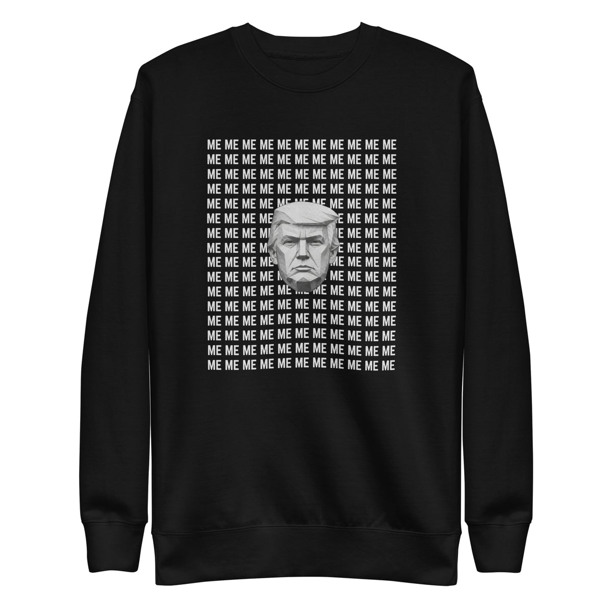 Black sweatshirt, front view, with a monochrome portrait surrounded by repeated white 'ME' lettering.