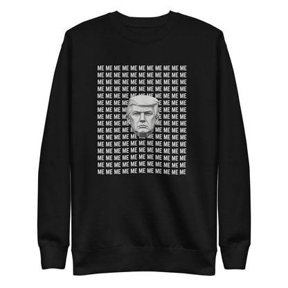 Black sweatshirt, front view, with a monochrome portrait surrounded by repeated white 'ME' lettering.