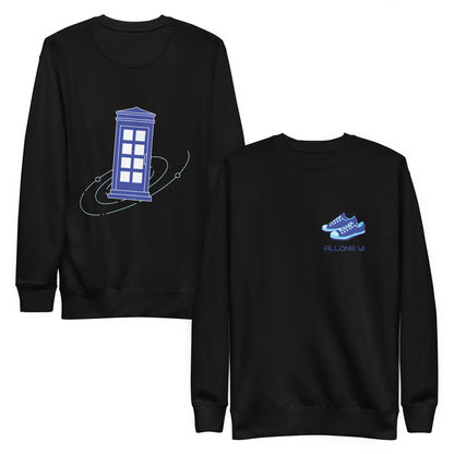 Black sweatshirt, front and back views, with a blue police box on the back and blue trainers with 'Allons Y' text on the front.