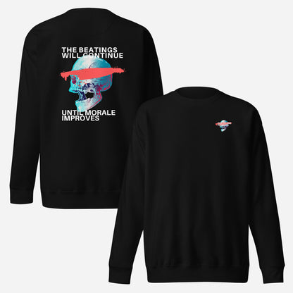 Black sweatshirt, front and back views, with a large skull and slogan on the back, plus a small chest graphic.