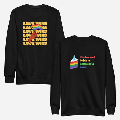 Black sweatshirt, front and back views, with a rainbow-striped graphic on the front and 'Love Wins' lettering on the back.