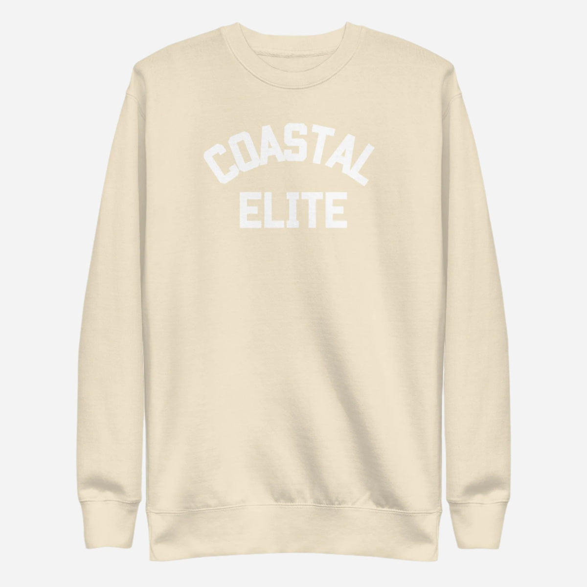 Bone sweatshirt with white arched Coastal Elite lettering, front view.