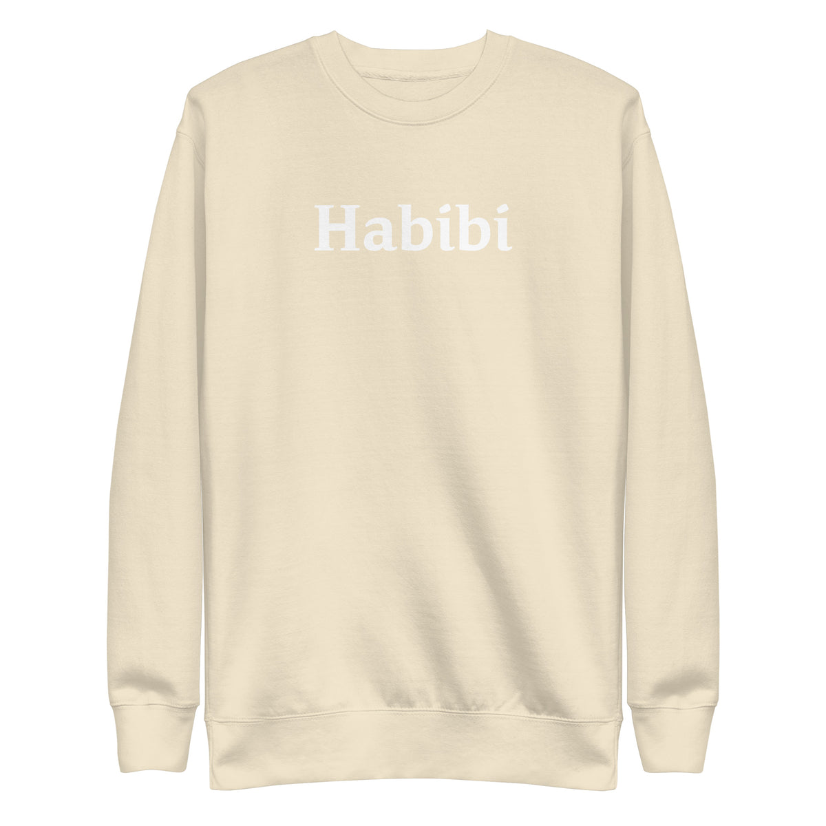 Bone sweatshirt with white Habibi lettering, front view.
