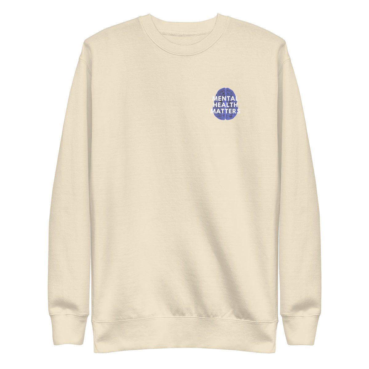 Bone sweatshirt, front view, with a blue brain graphic and white 'Mental Health Matters' text on the chest.