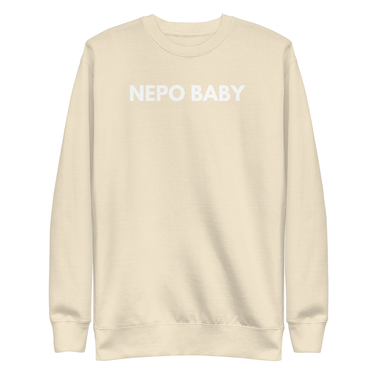 Bone sweatshirt, front view with white "NEPO BABY" lettering.