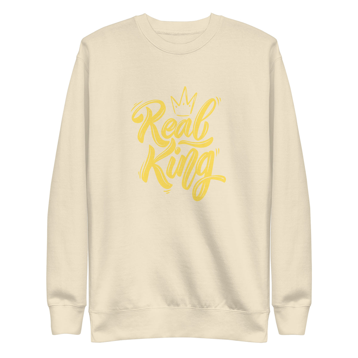 Bone sweatshirt, front view with yellow "Real King" script and a crown graphic.
