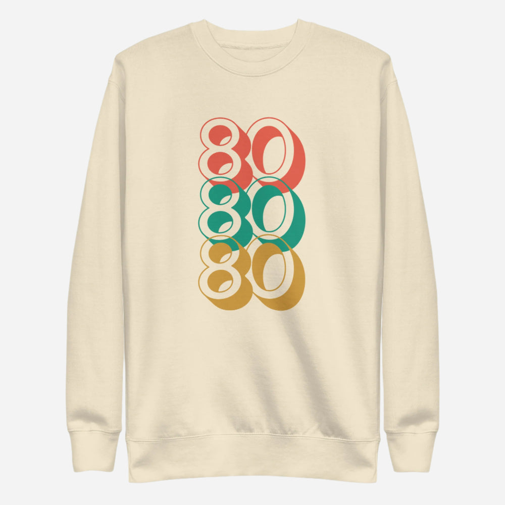 Bone sweatshirt, front view with stacked red, green and yellow "80" numerals.