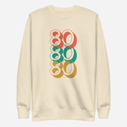 Bone sweatshirt, front view with stacked red, green and yellow "80" numerals.