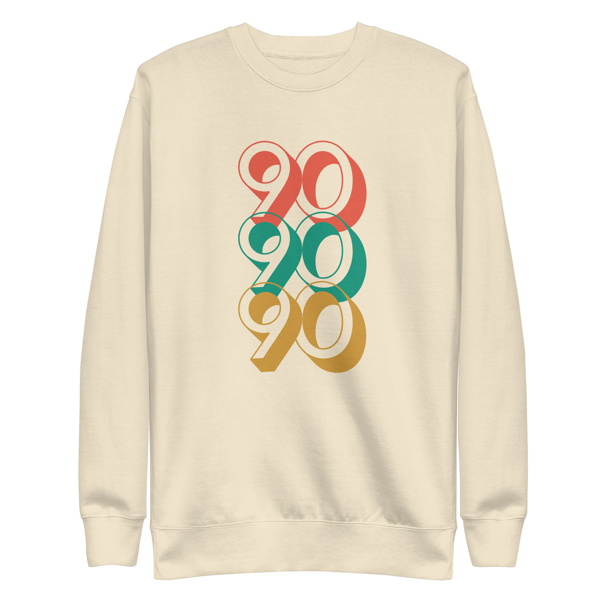 Bone sweatshirt, front view, with three stacked '90' graphics in red, green and yellow.