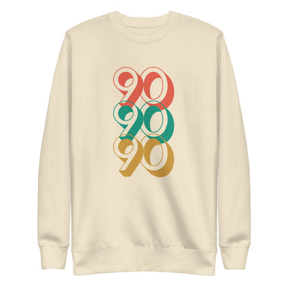Bone sweatshirt, front view, with three stacked '90' graphics in red, green and yellow.