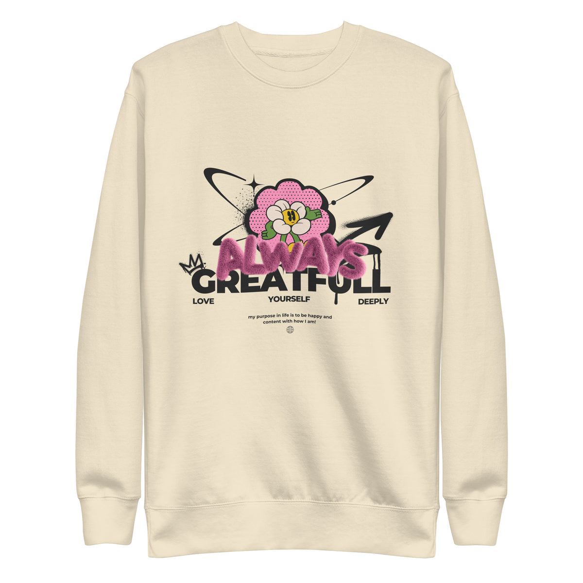 Bone sweatshirt with a pink flower and Always Grateful lettering, front view.