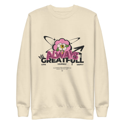 Bone sweatshirt with a pink flower and Always Grateful lettering, front view.