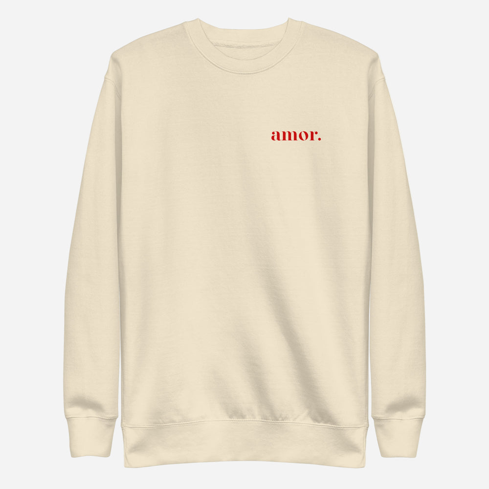 Bone sweatshirt, front view with small red "amor." chest lettering.