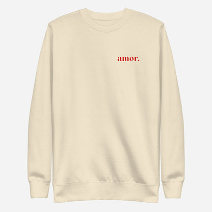 Bone sweatshirt, front view with small red "amor." chest lettering.