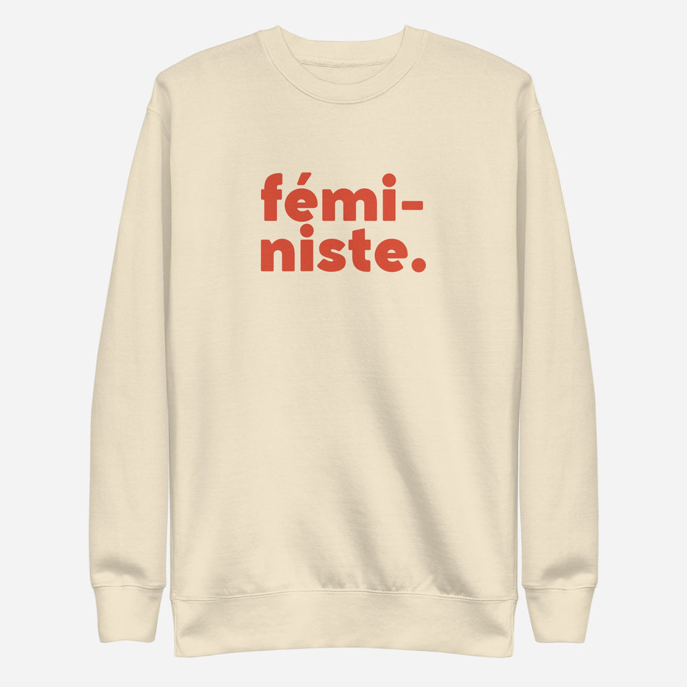 Bone sweatshirt with red fémi-niste lettering, front view.
