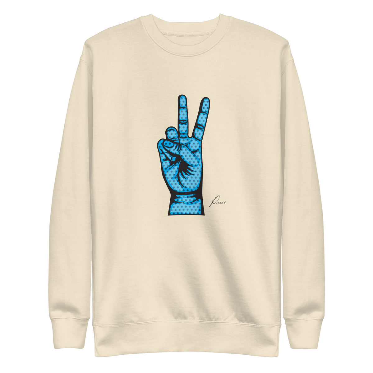 Bone sweatshirt with a blue hand making a peace sign, front view.