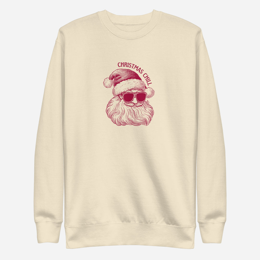 Bone sweatshirt, front view, with a burgundy Santa face wearing sunglasses beneath 'Christmas Chill' text.
