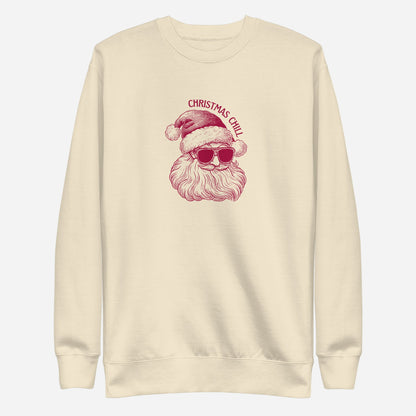 Bone sweatshirt, front view, with a burgundy Santa face wearing sunglasses beneath 'Christmas Chill' text.
