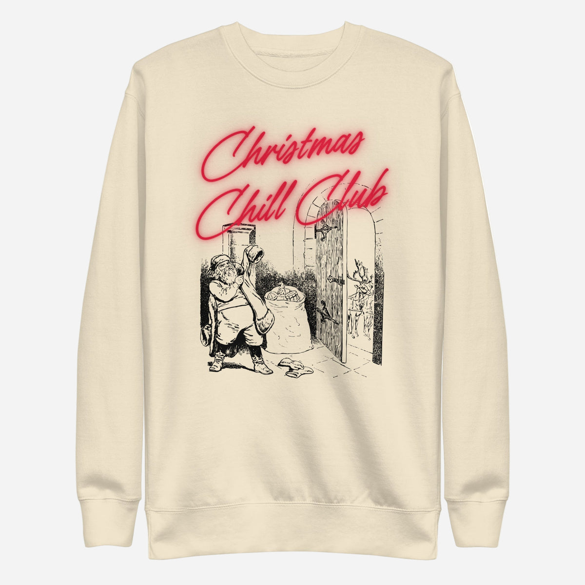Bone sweatshirt with red Christmas Chill Club script and Santa illustration, front view.