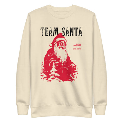 Bone sweatshirt with a red Santa illustration and black Team Santa text, front view.