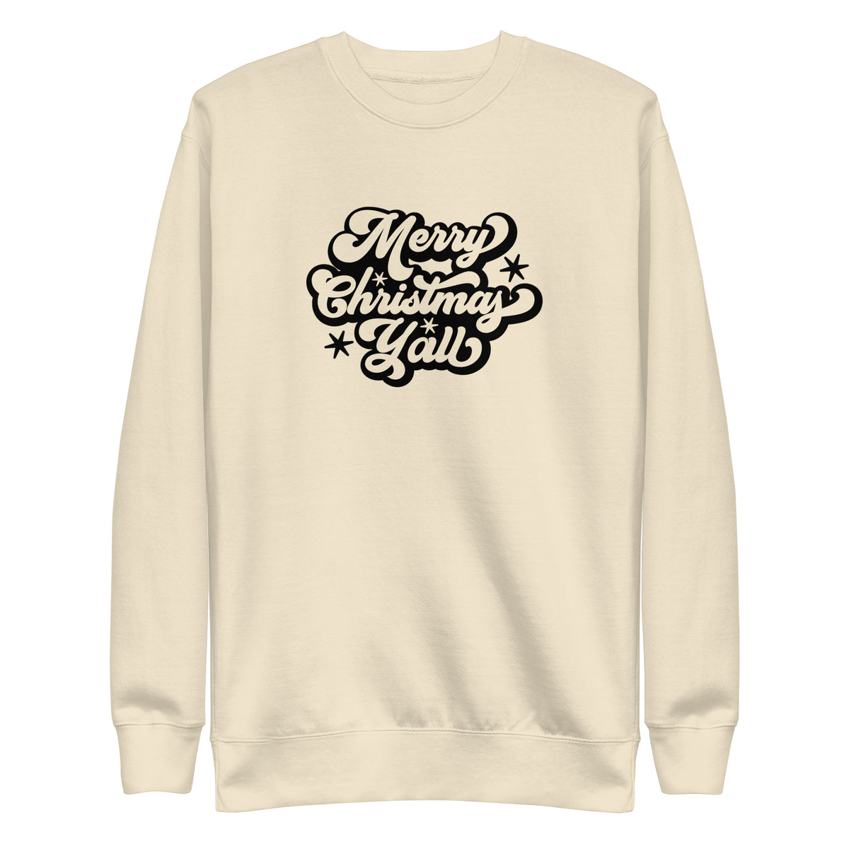 Bone sweatshirt, front view with black Merry Christmas Y'all script lettering.