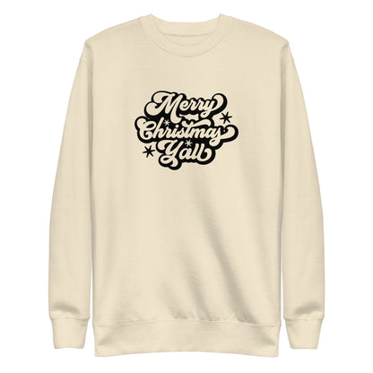 Bone sweatshirt, front view with black Merry Christmas Y'all script lettering.