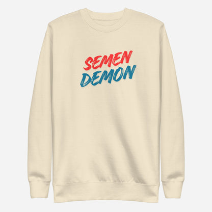 Bone sweatshirt, front view with red and blue Semen Demon lettering.