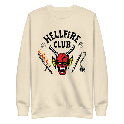 Bone sweatshirt with Hellfire Club lettering and a red horned-face graphic, front view.